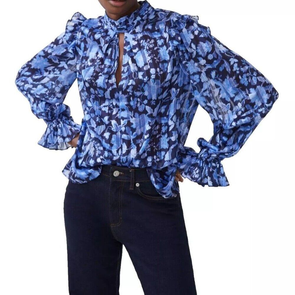 French Connection Cynthia Fauna Midnight Blue Blouse Womens Sz 8 Floral LS